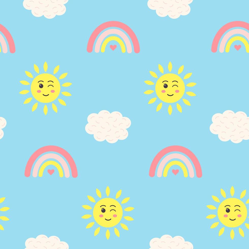padrão perfeito com sol kawaii, arco-íris e nuvem sobre fundo azul